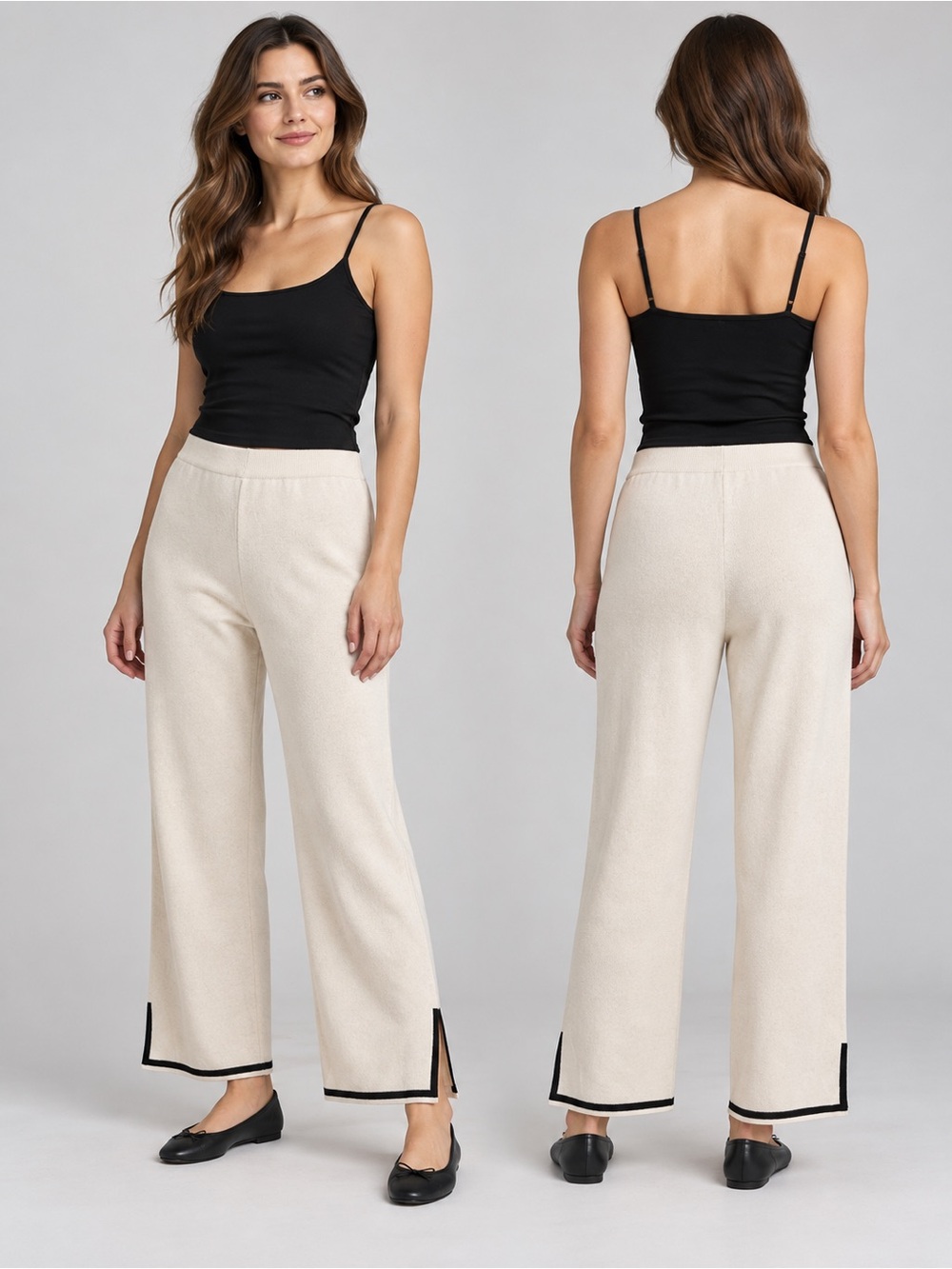 Women’s Cream Wide-Leg Knit Pants with Contrast Hem